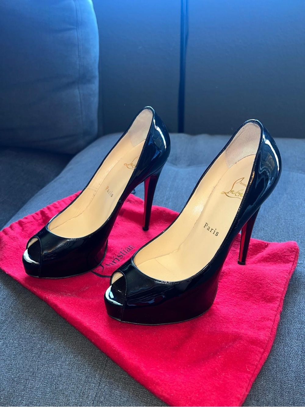 Christian Louboutin Black Patent Leather Peep-Toe Platform Pumps with Red Sole